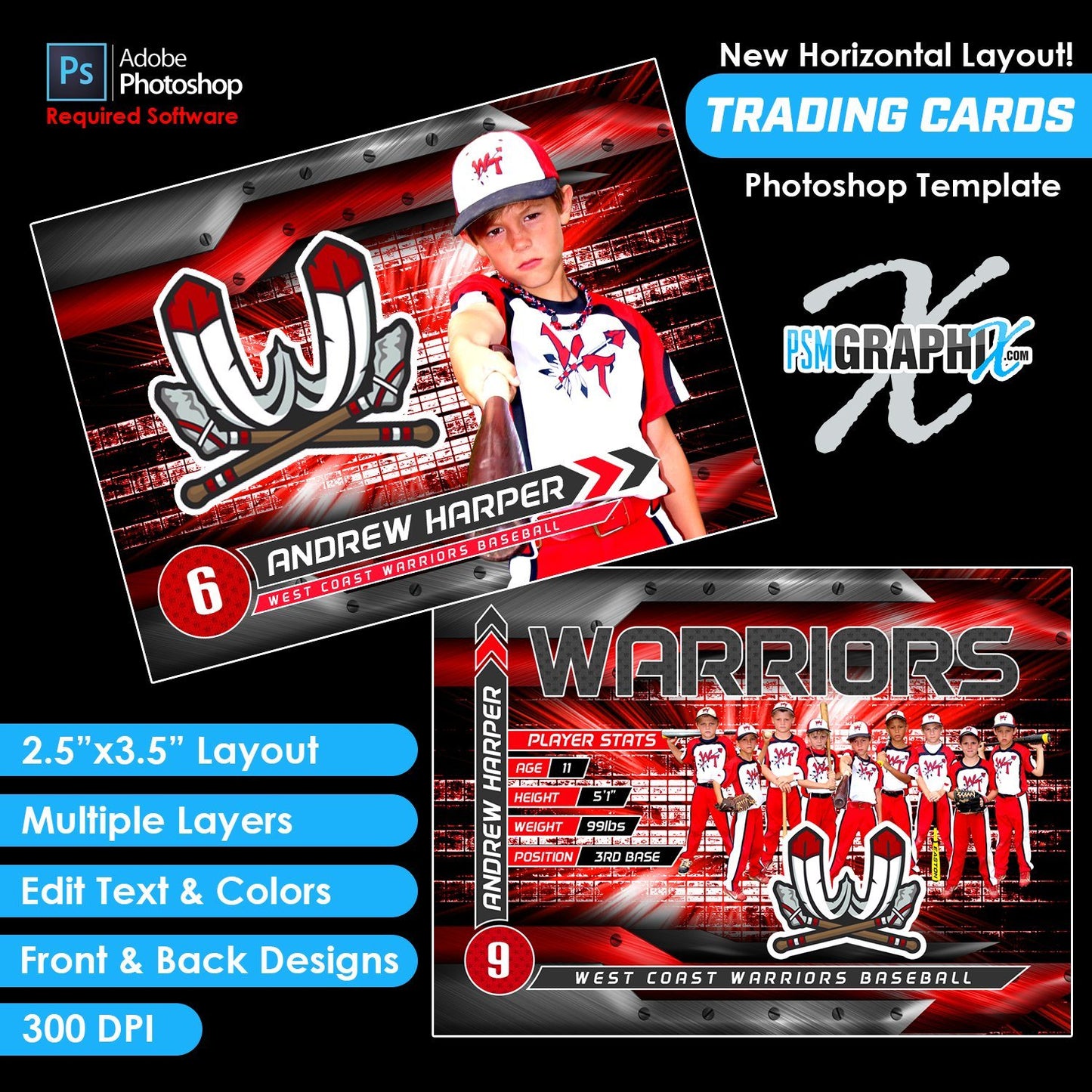 V4 - Full Set - Game Day Trading Card Templates-Photoshop Template - PSMGraphix