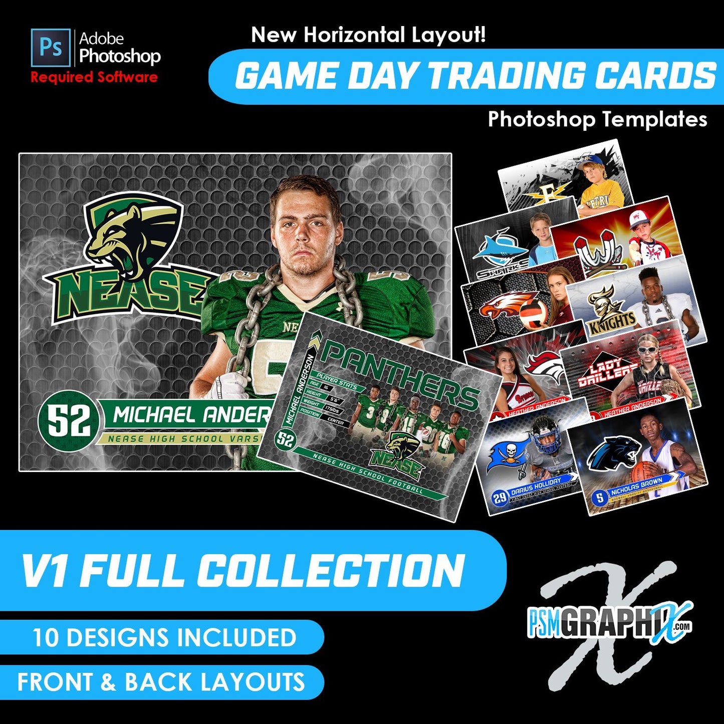 V1 - Full Set - Game Day Trading Card Templates-Photoshop Template - PSMGraphix