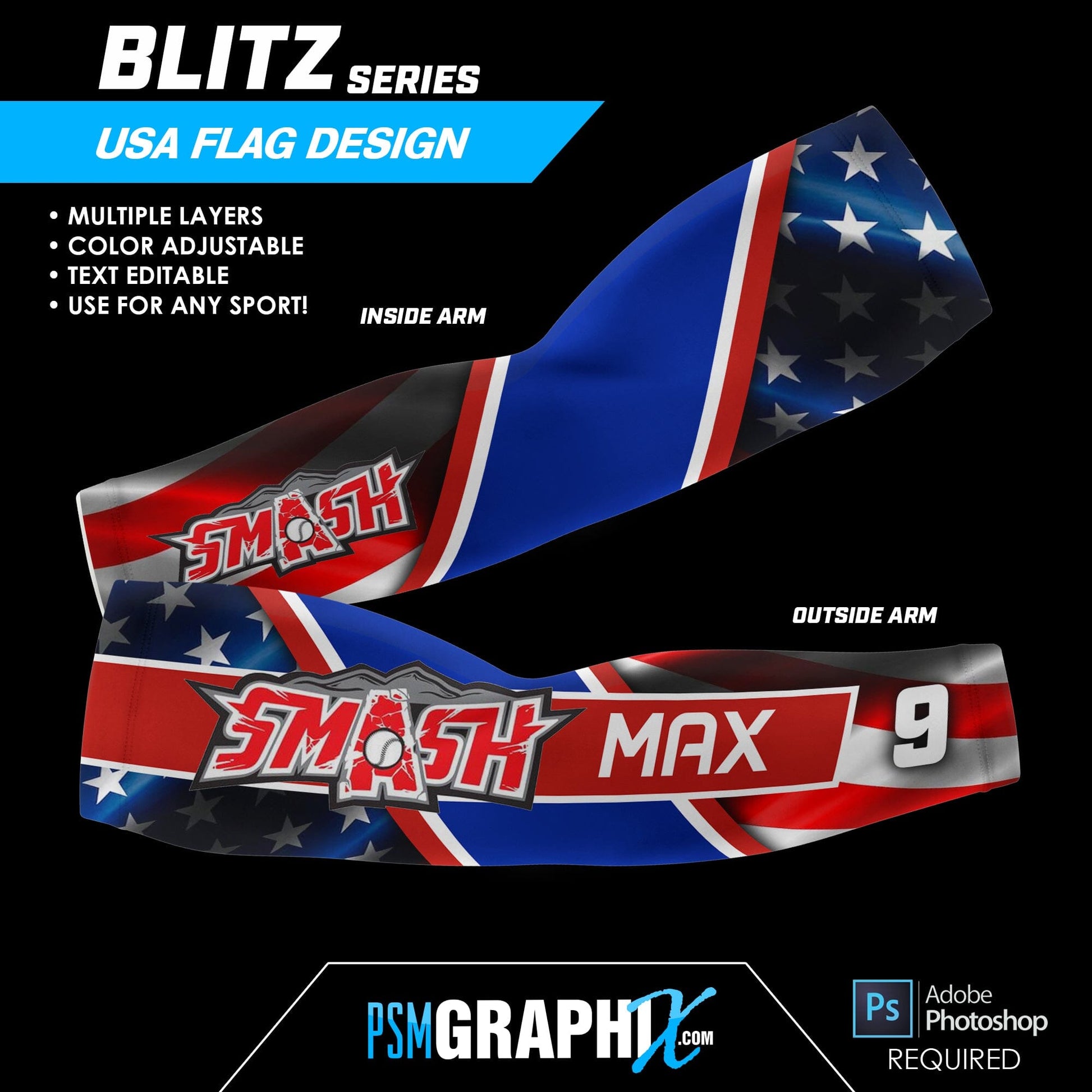 USA Flag - BLITZ Series - Arm Sleeve Photoshop Template-Photoshop Template - PSMGraphix