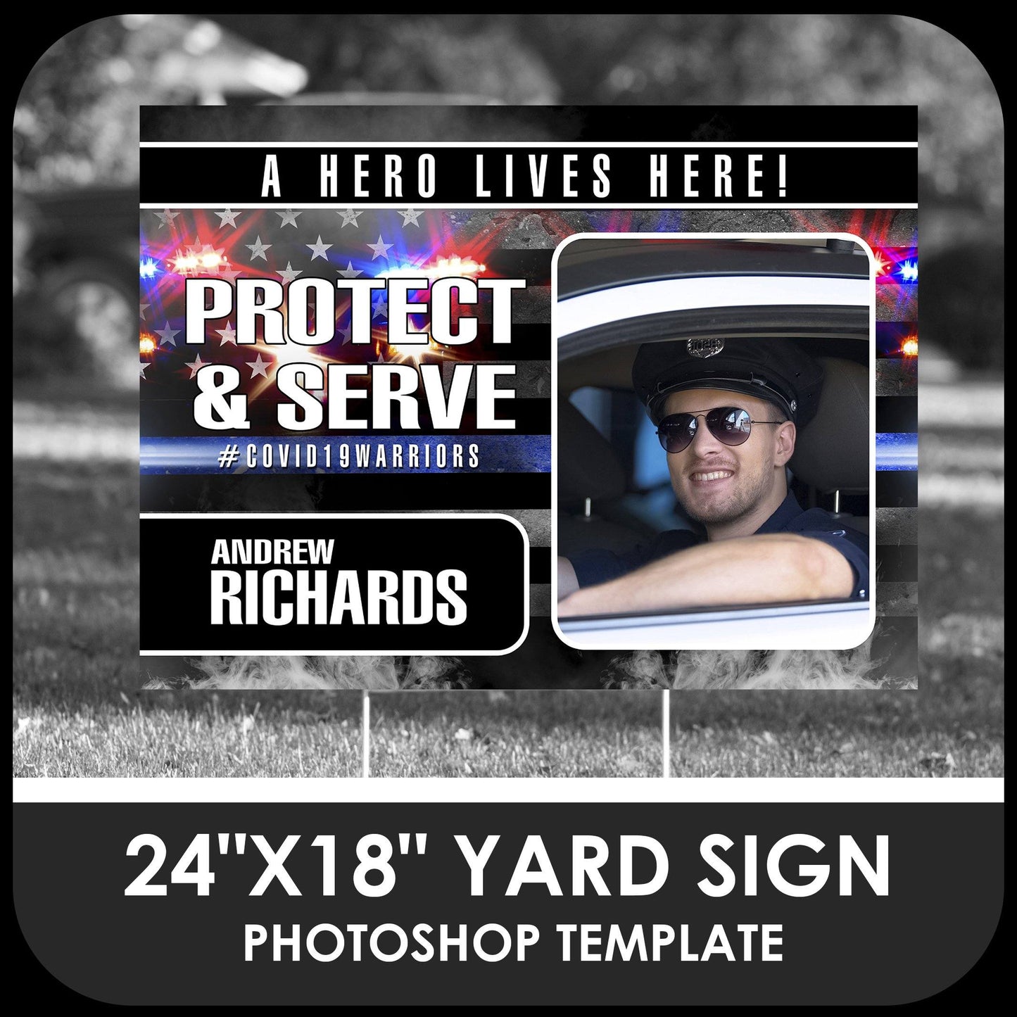 Police "Warrior" Photo Drop In 24x18 Yard Sign Template-Photoshop Template - PSMGraphix