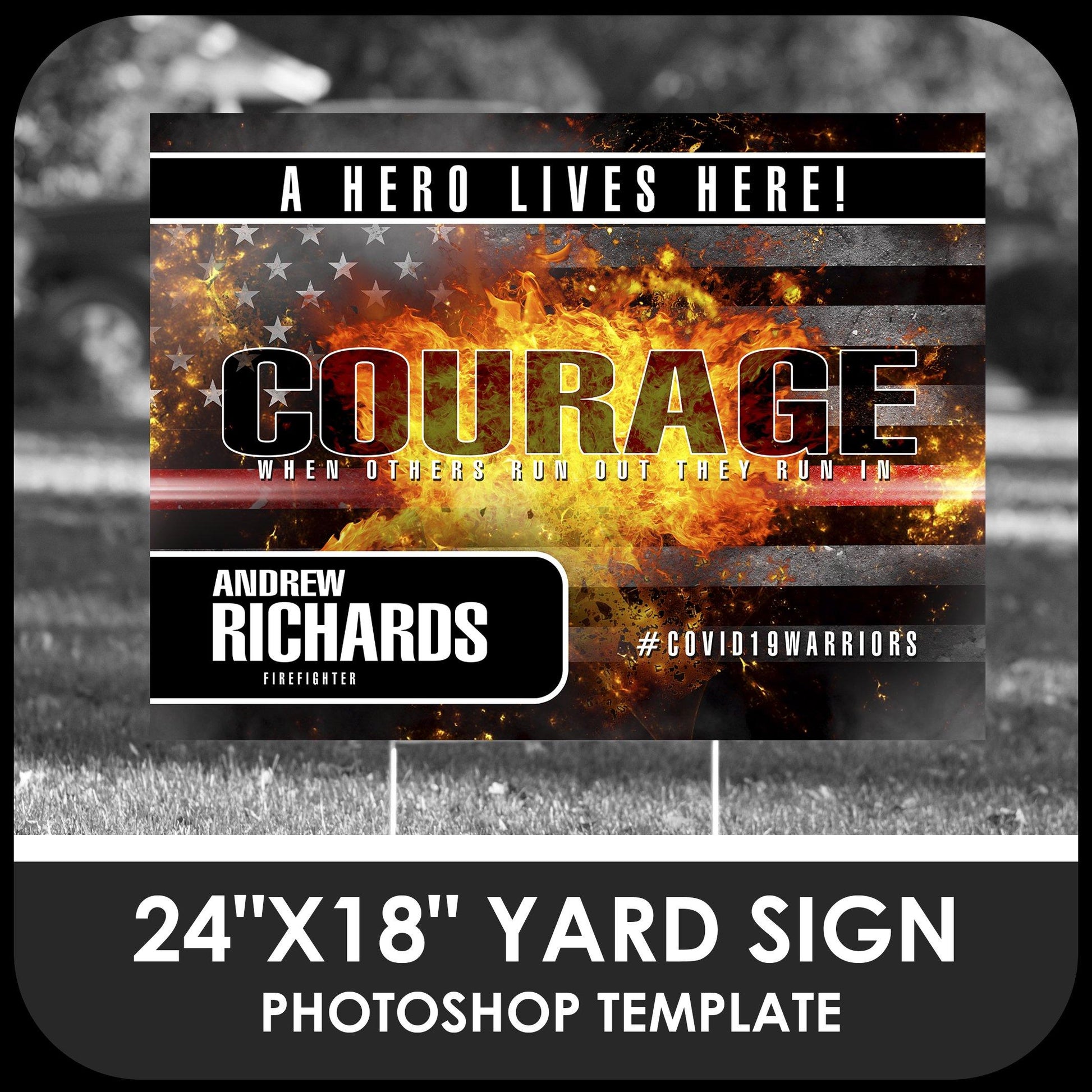 Firefighter "Warrior" 24x18 Yard Sign Template-Photoshop Template - PSMGraphix