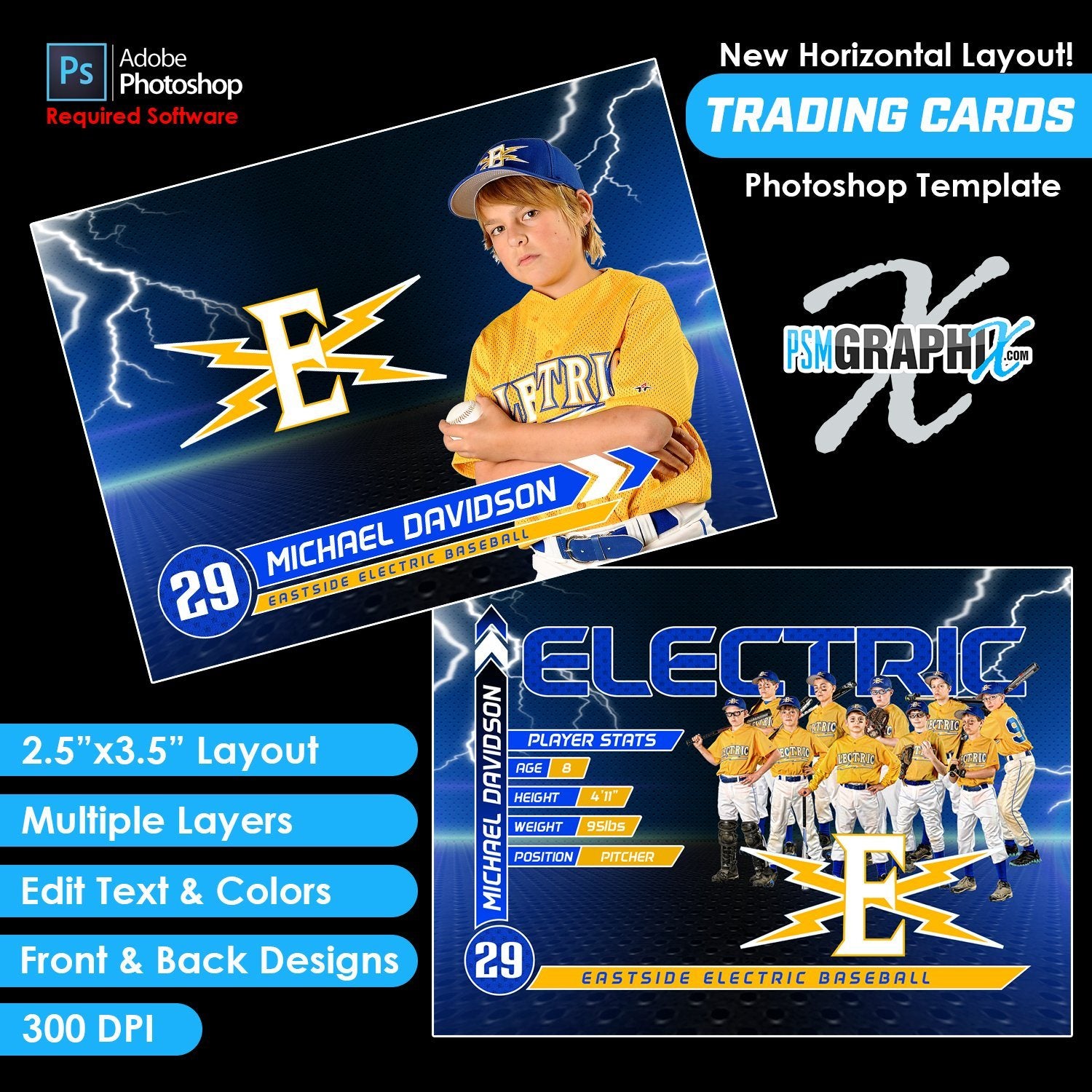 Electric - V2 - Game Day Trading Card Template-Photoshop Template - PSMGraphix