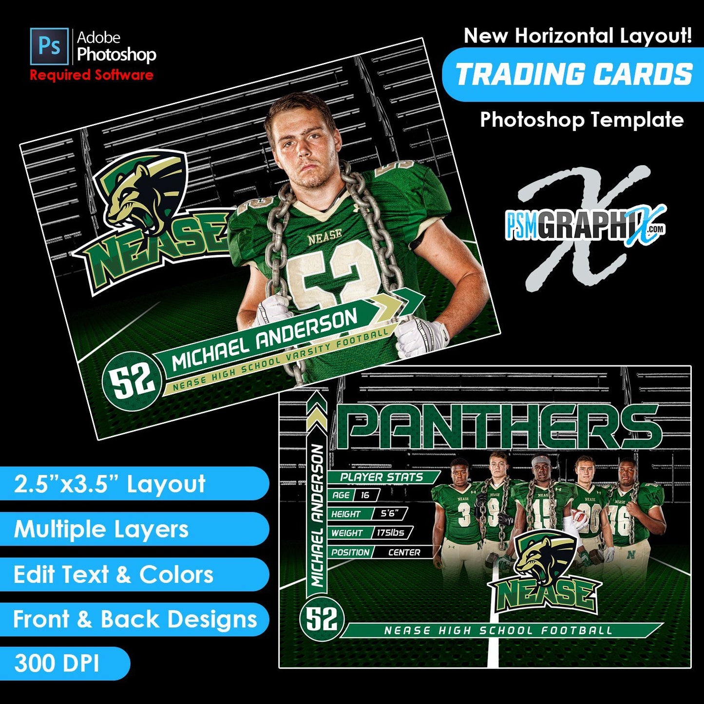 V2 - Full Set - Game Day Trading Card Templates-Photoshop Template - PSMGraphix