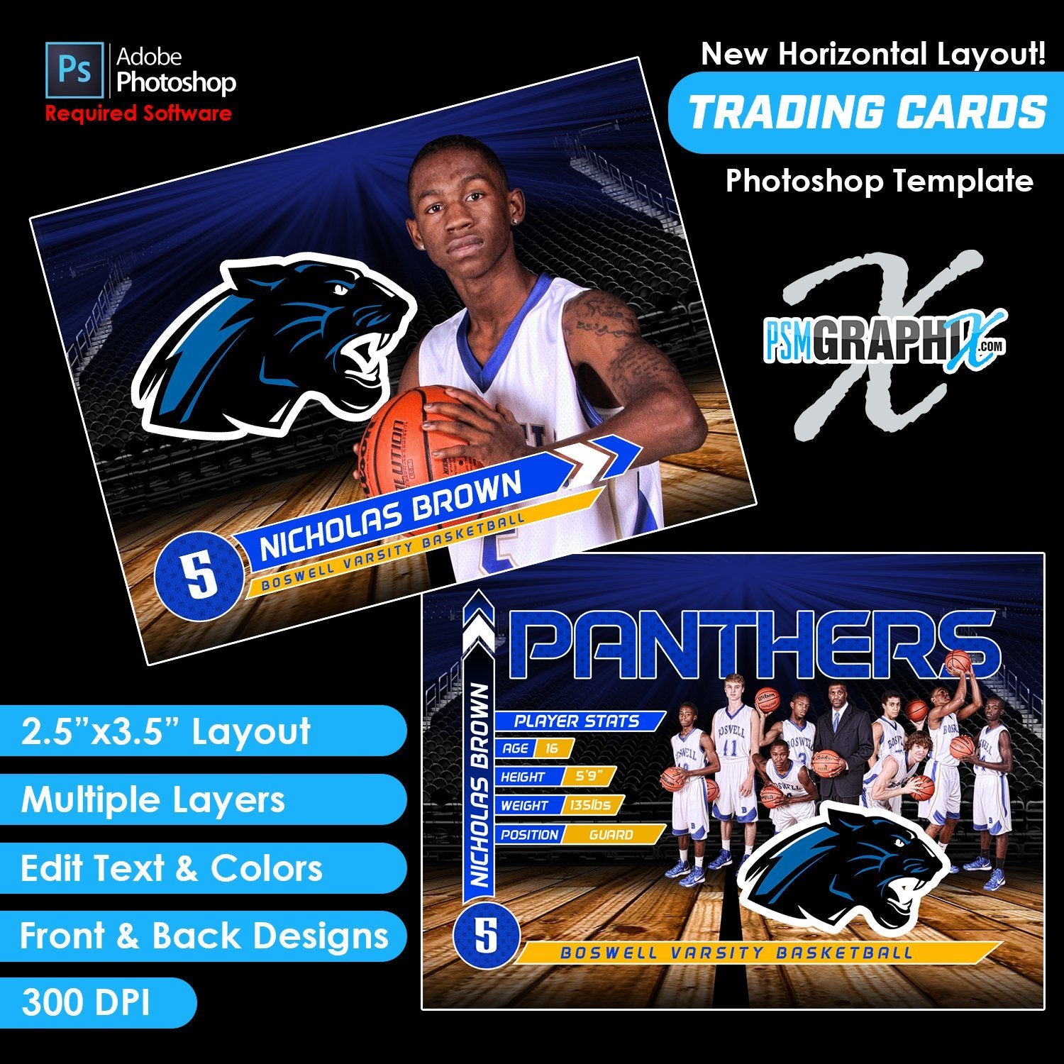 Full Court - V2 - Game Day Trading Card Template-Photoshop Template - PSMGraphix