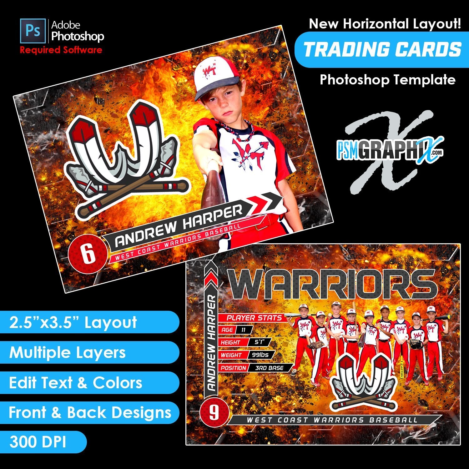 V3 - Full Set - Game Day Trading Card Templates-Photoshop Template - PSMGraphix