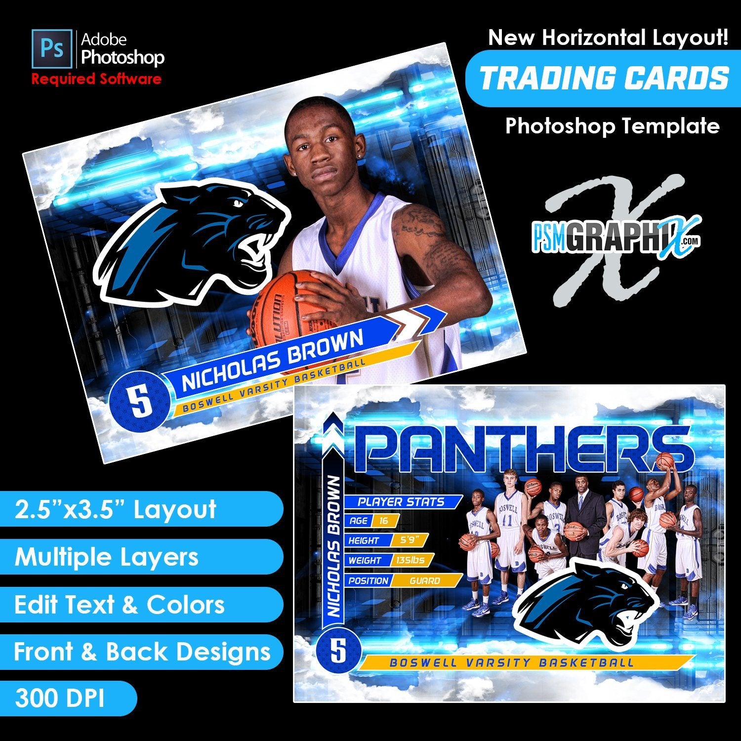 V5 - Full Set - Game Day Trading Card Templates-Photoshop Template - PSMGraphix