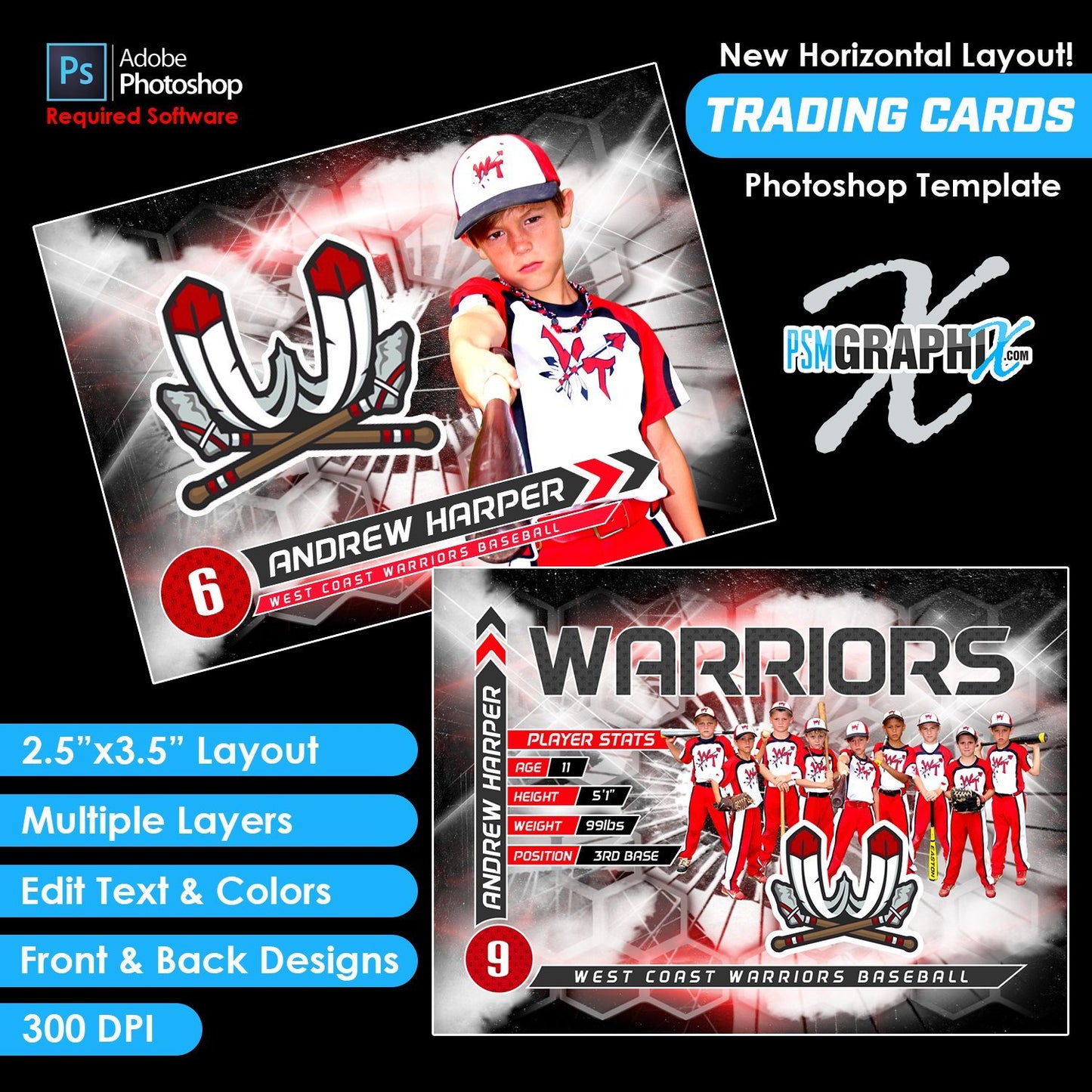 V5 - Full Set - Game Day Trading Card Templates-Photoshop Template - PSMGraphix