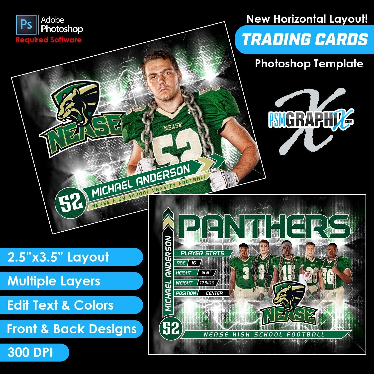 V5 - Full Set - Game Day Trading Card Templates-Photoshop Template - PSMGraphix