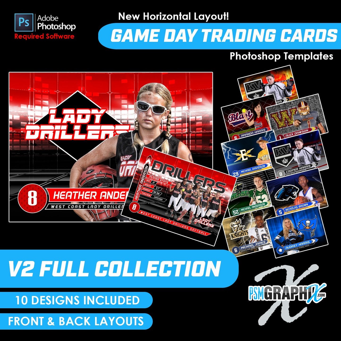 V2 - Full Set - Game Day Trading Card Templates-Photoshop Template - PSMGraphix